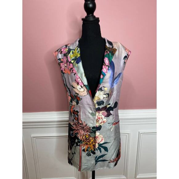 Rochas Floral Printed Blazer Vest Sz 44 Sleeveless Silk Peak Lapel Made in Italy - Picture 3 of 9